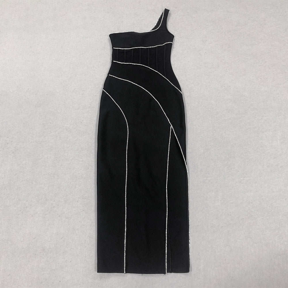 Black One Shoulder Bandage Dress Pearl Trims