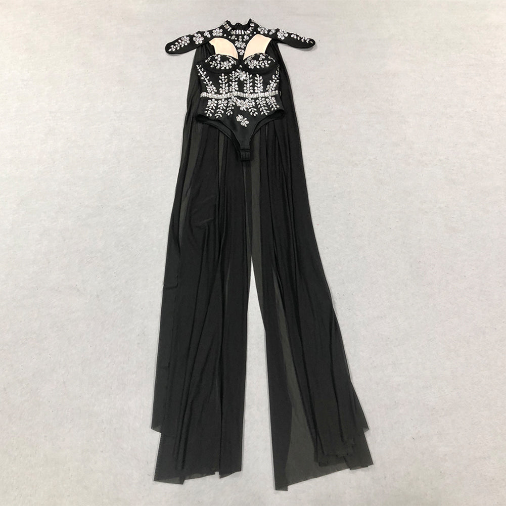 High Neck Black Cape Rhinestone-Filled Jumpsuit