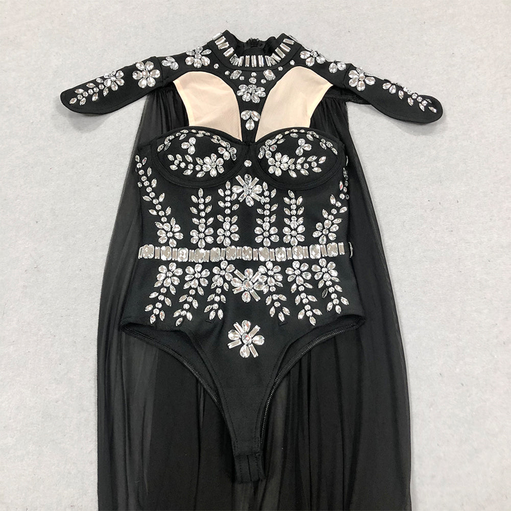 High Neck Black Cape Rhinestone-Filled Jumpsuit