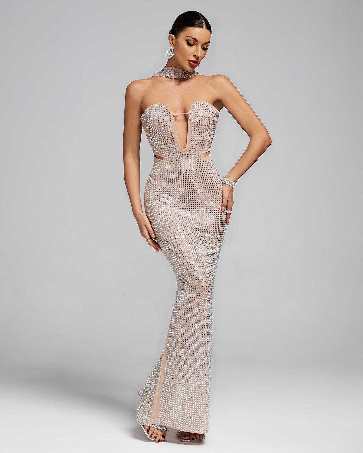 Halter Sweetheart Cutout Sparkly Evening Gown