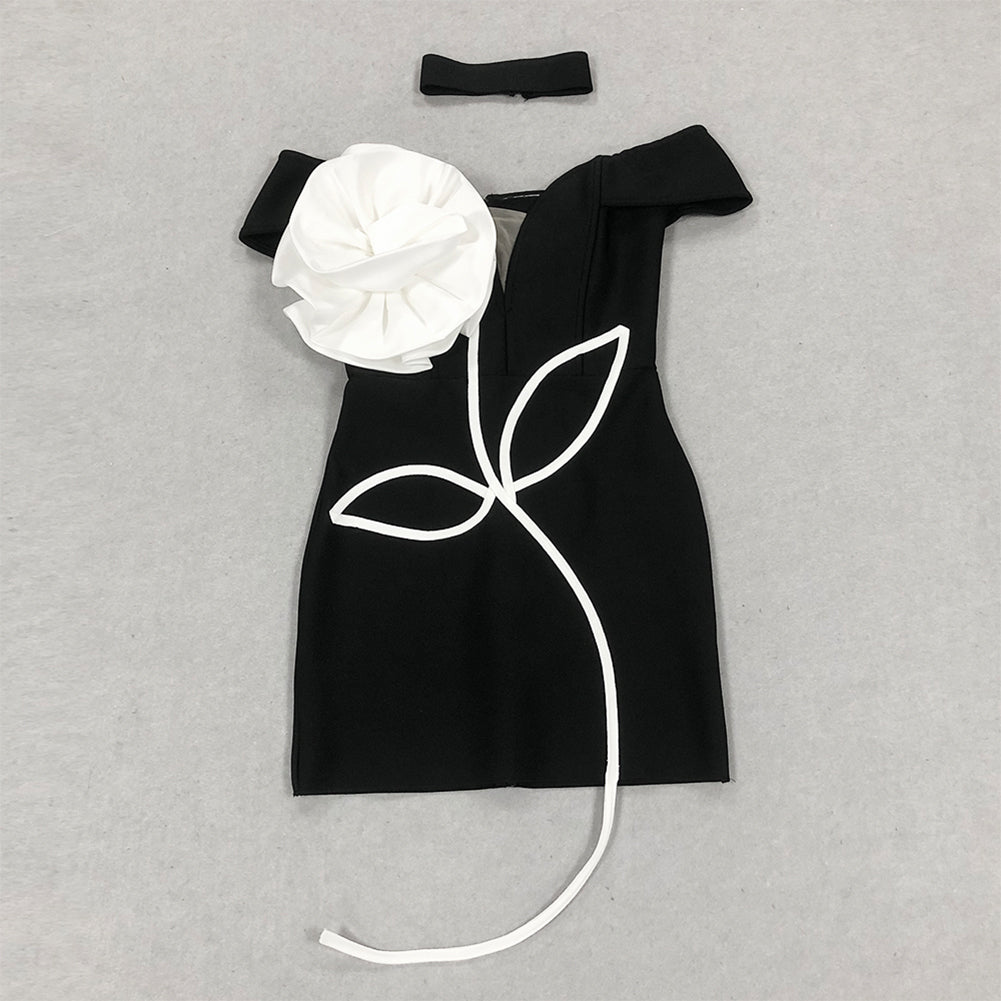 Black White Big Flower Sleeveless Mini Dress