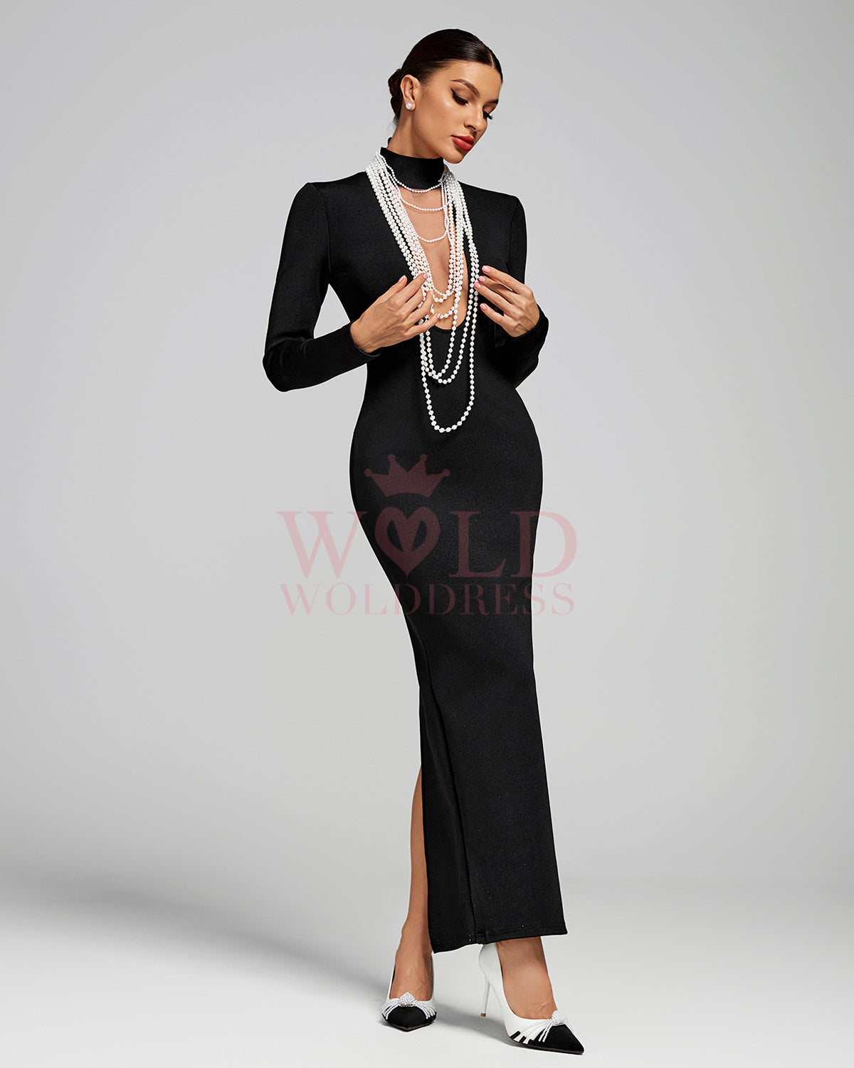 High Neck Pearl Necklace Bandage Maxi Dress