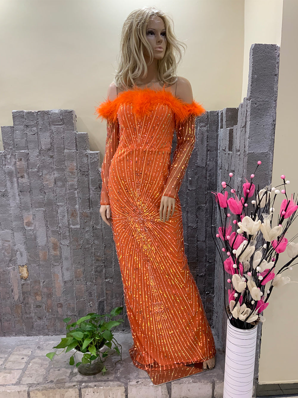 Orange Prom Dress with Feather Neckline