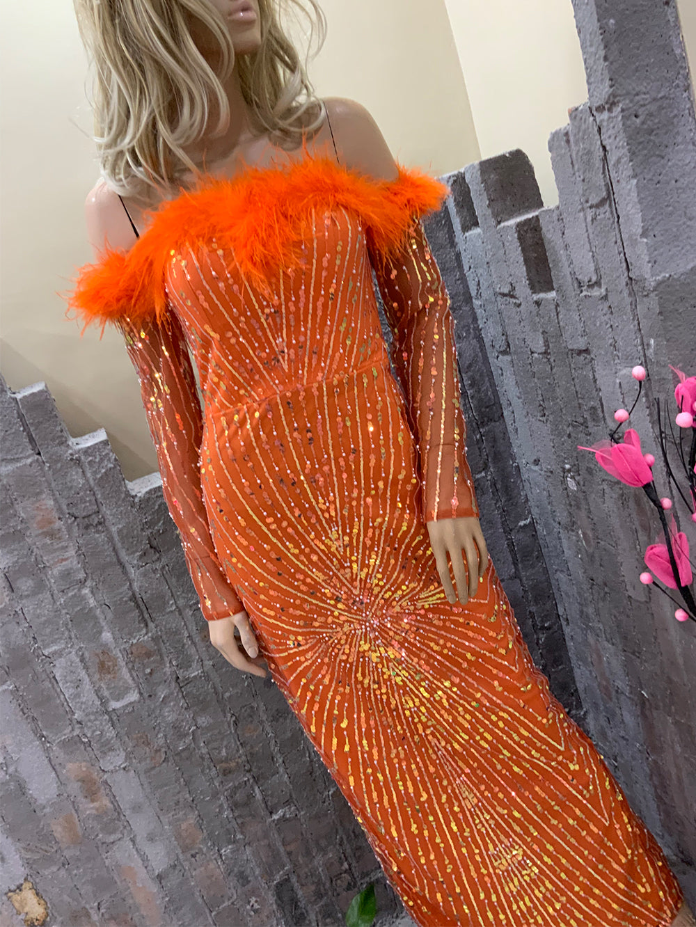 Orange Prom Dress with Feather Neckline