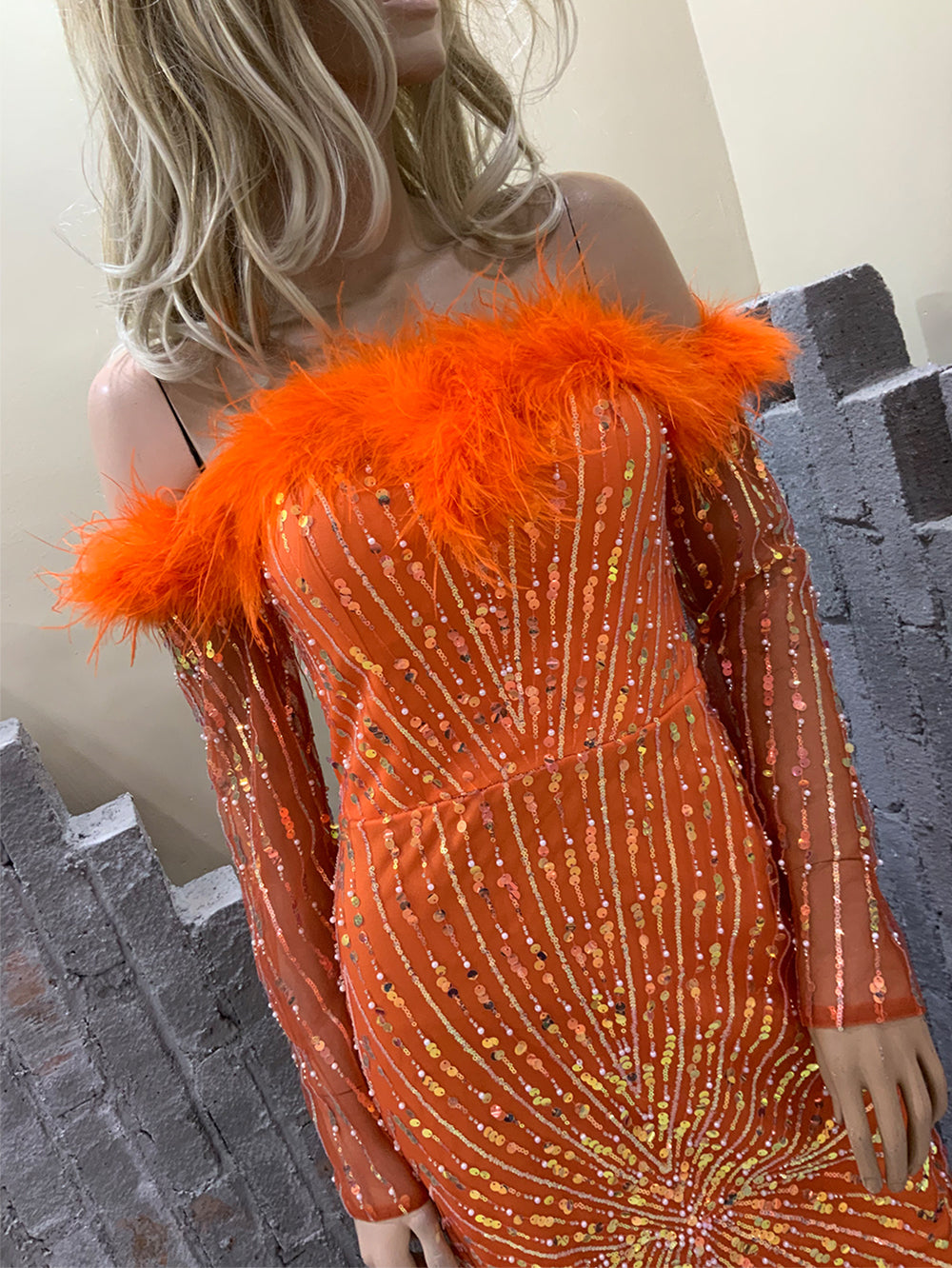 Orange Prom Dress with Feather Neckline