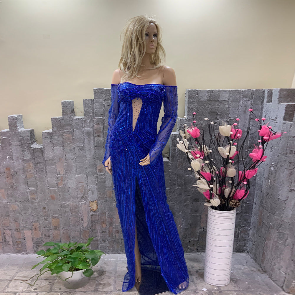 Royal Blue Off Shoulder Cut Out Sequins Dress