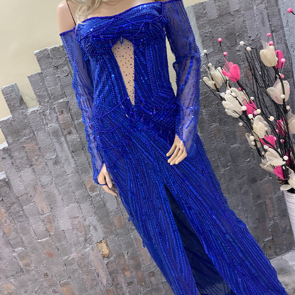 Royal Blue Off Shoulder Cut Out Sequins Dress