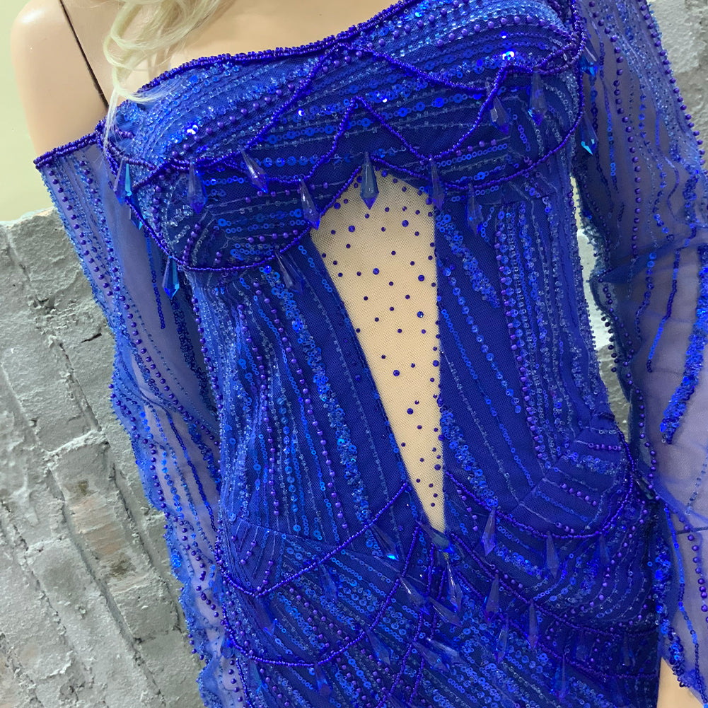 Royal Blue Off Shoulder Cut Out Sequins Dress