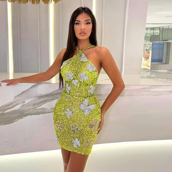 Halter Green Mini Bodycon Dress Sequins Applique