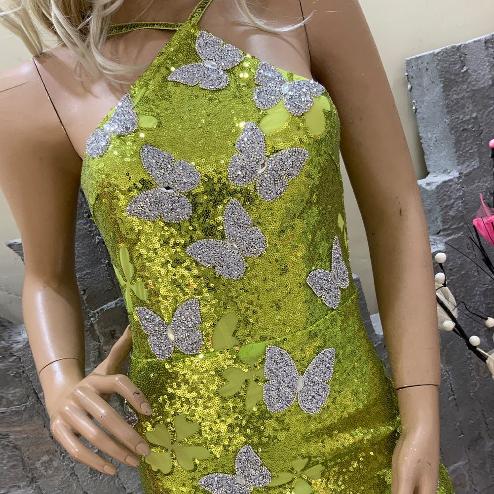 Halter Green Mini Bodycon Dress Sequins Applique