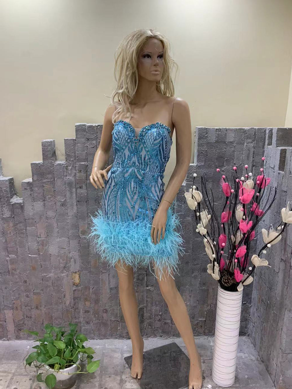 Blue Feather Mini Party Dress