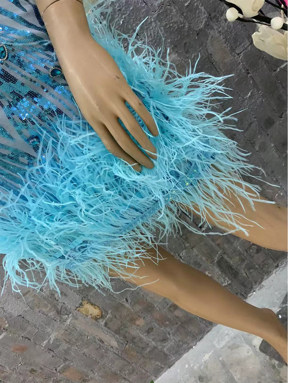 Blue Feather Mini Party Dress