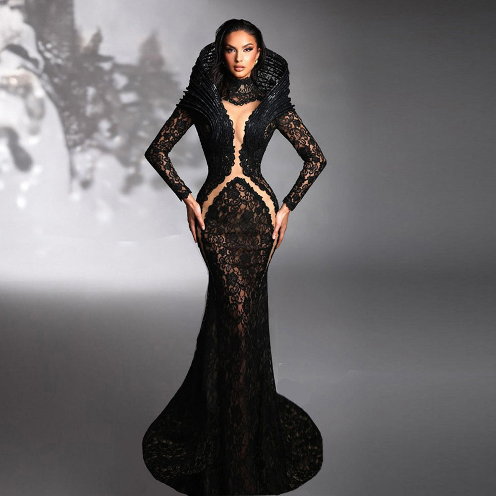 Black Lace Bodycon Gown High Neck