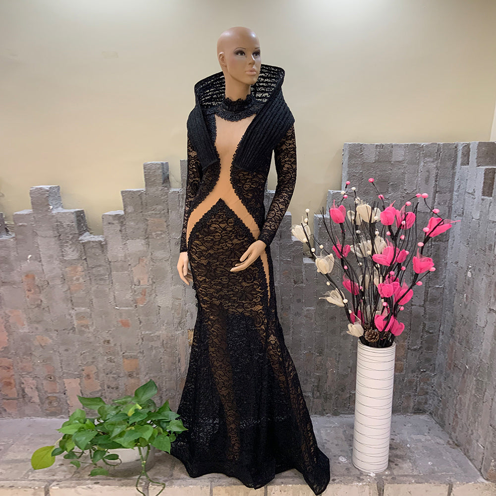 Black Lace Bodycon Gown High Neck