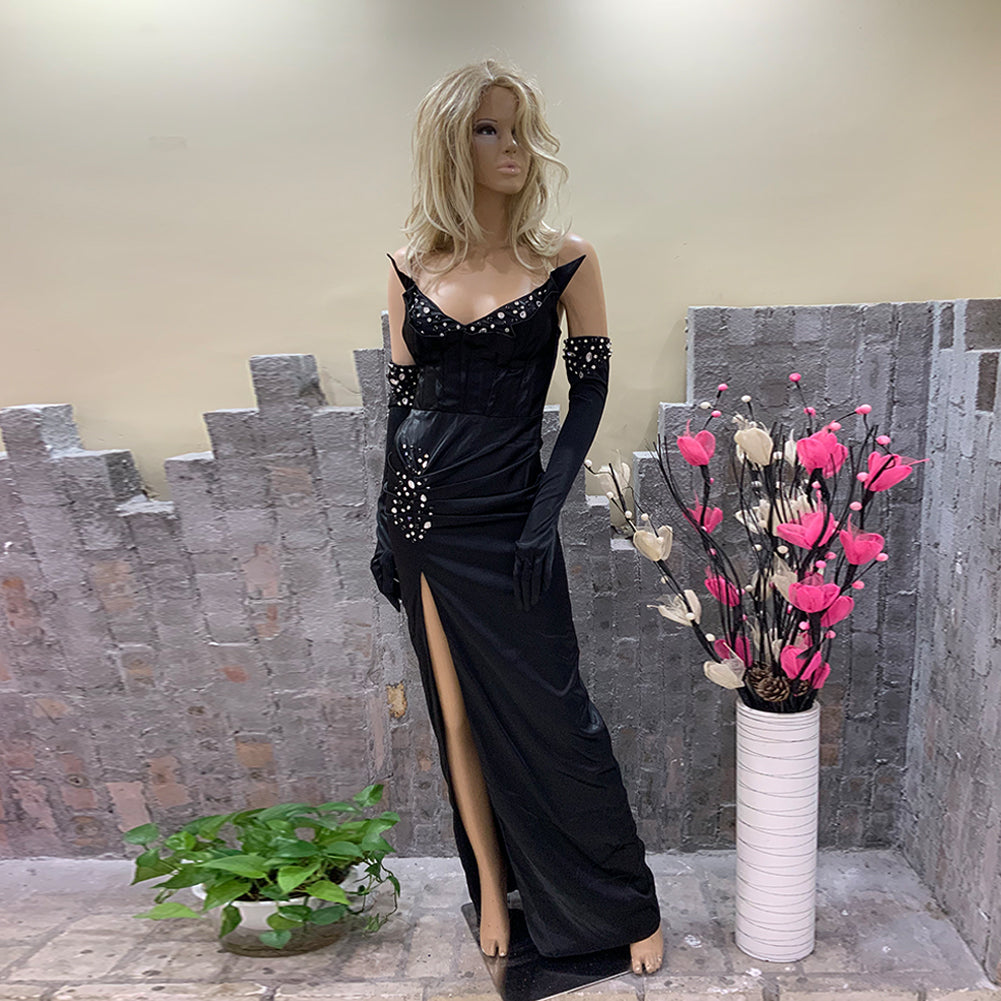 High Slit Satin Dress with Gloves