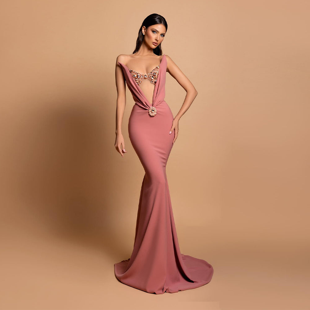 Pink Elegant Backless Evening Dress