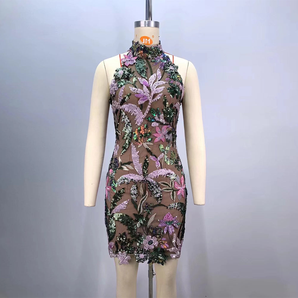 Colorful Mesh Floral Emboridary Mini Dress