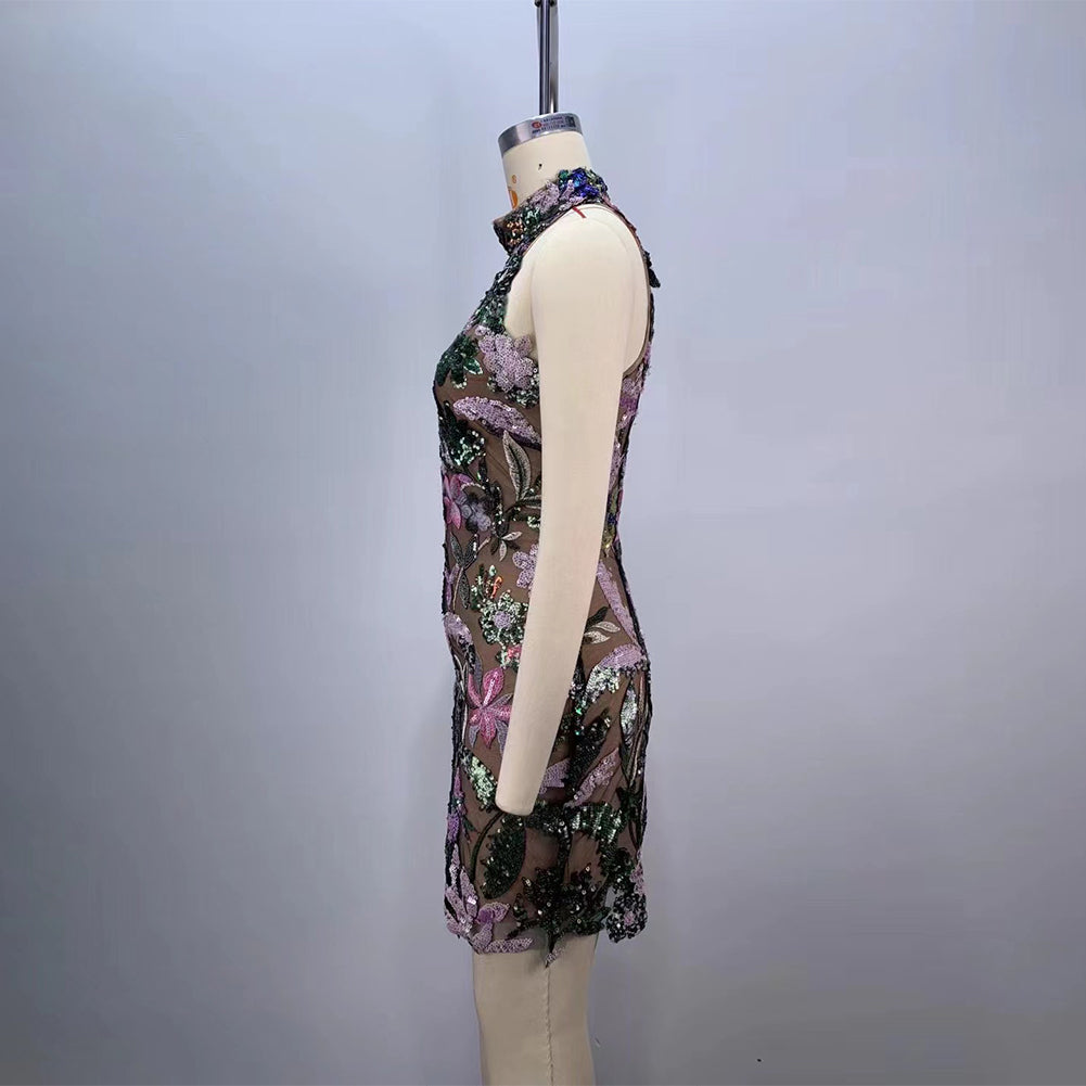 Colorful Mesh Floral Emboridary Mini Dress