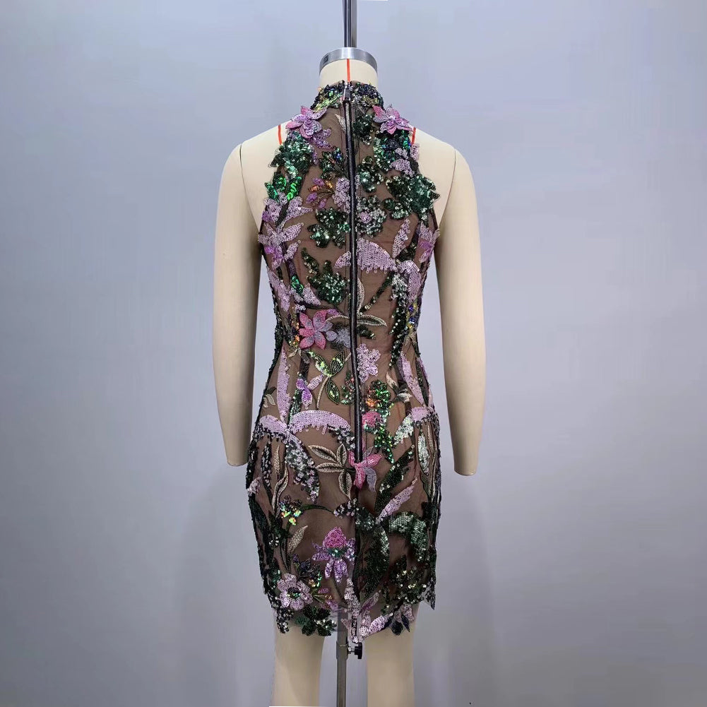 Colorful Mesh Floral Emboridary Mini Dress