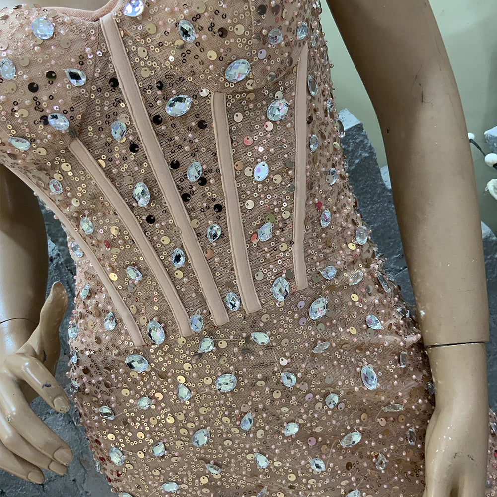 Apricot Pink Rhinestone Mini Dress