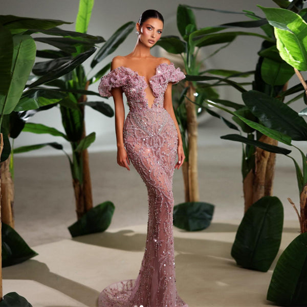 Pink Off Shoulder Cutout Mermaid Long Dress