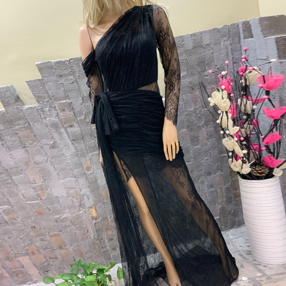 Black Draping Tail Lace Dress