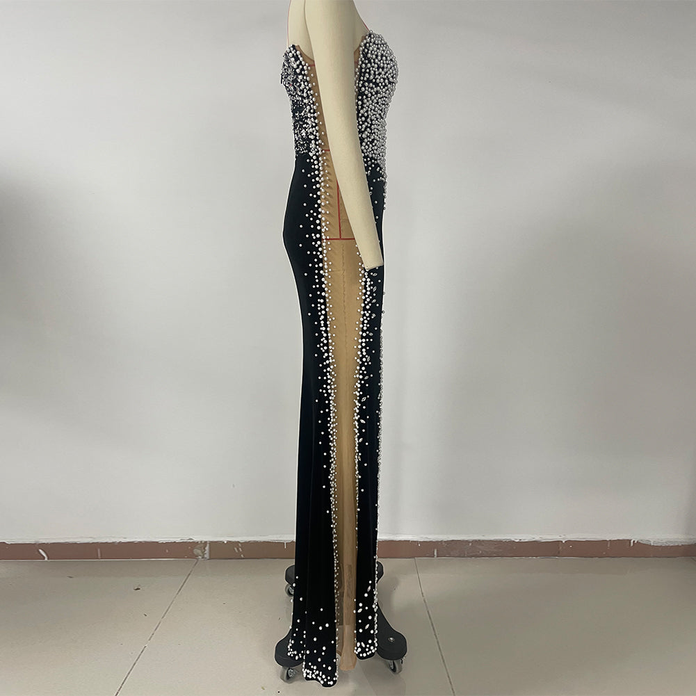 Sliver Crystal Strapless Long Dress in Black