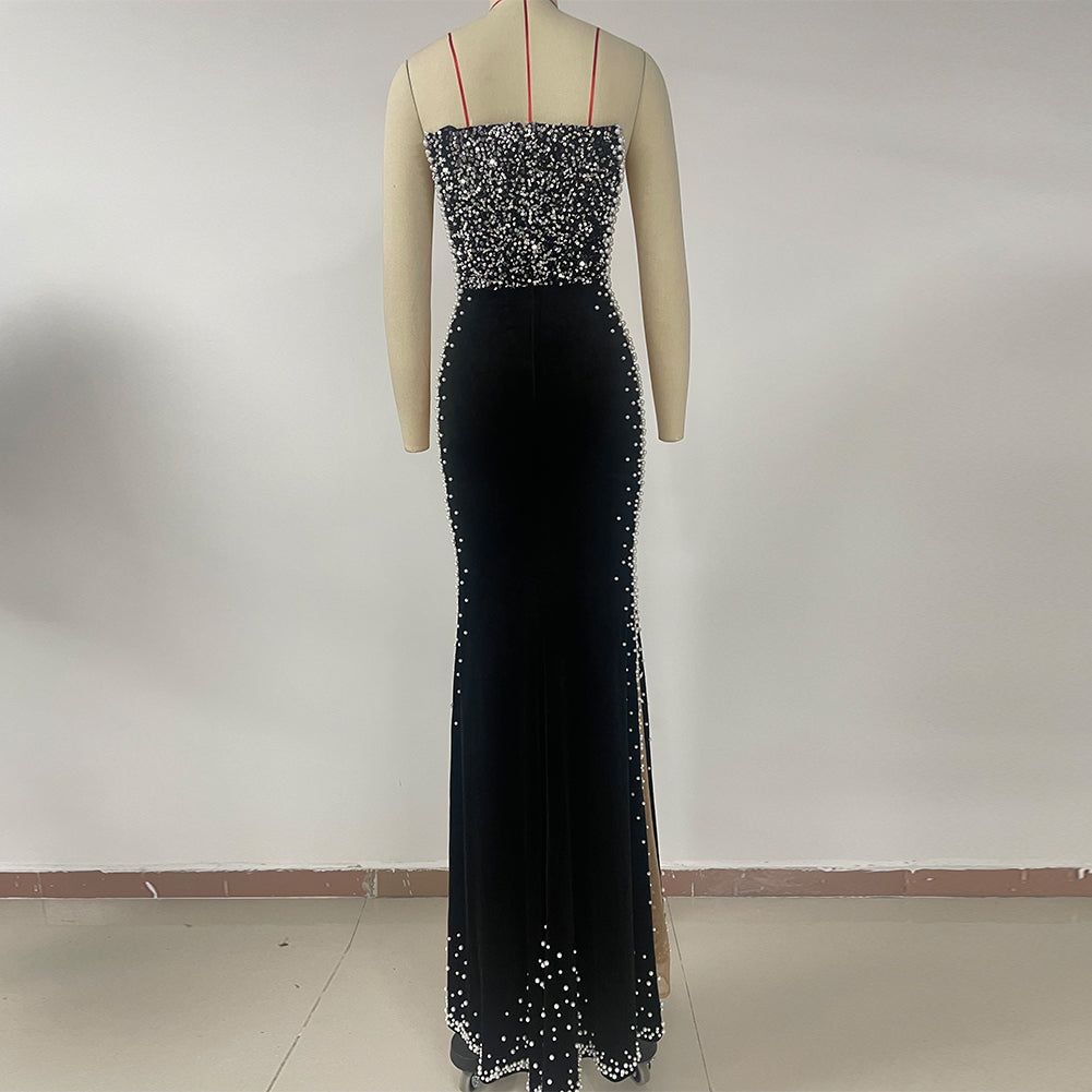 Sliver Crystal Strapless Long Dress in Black