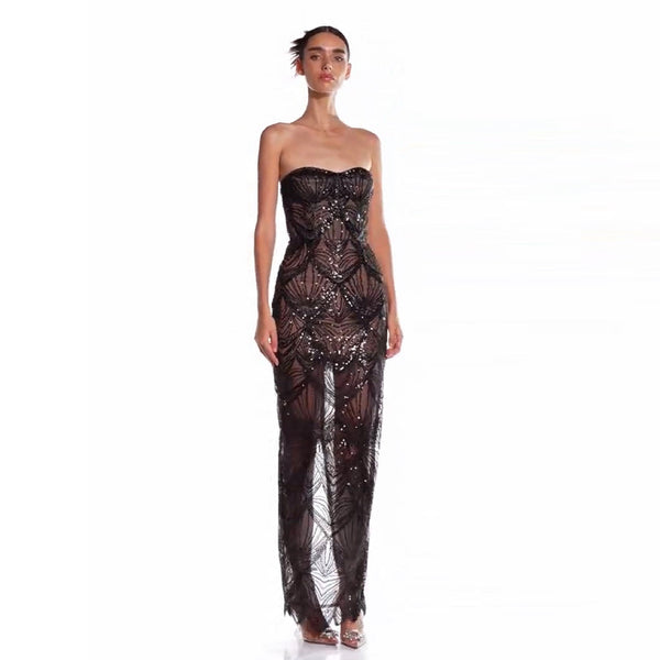 Black Corset Beaded Mesh Dress