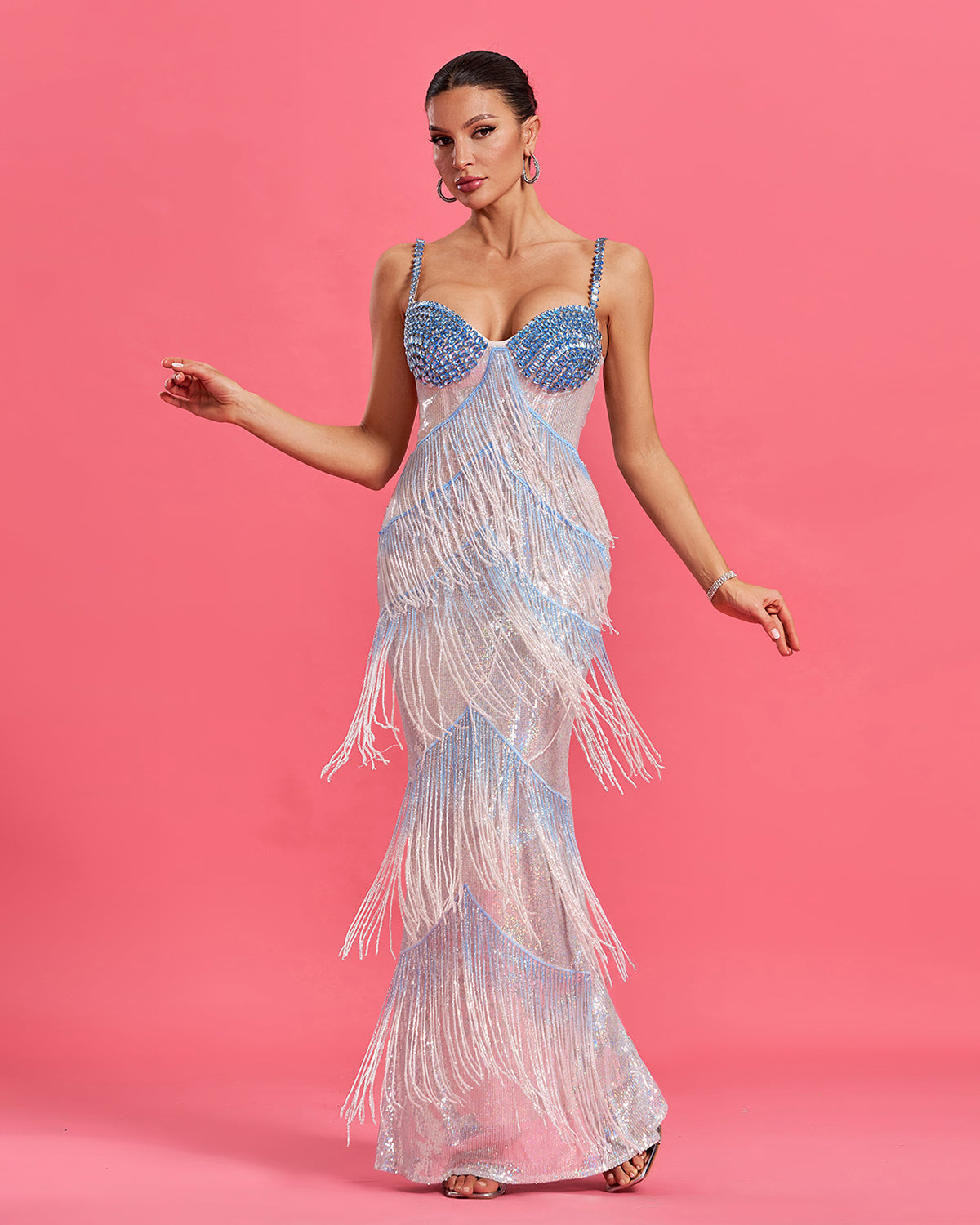 Crystal Strap Corset Fringe Maxi Dress