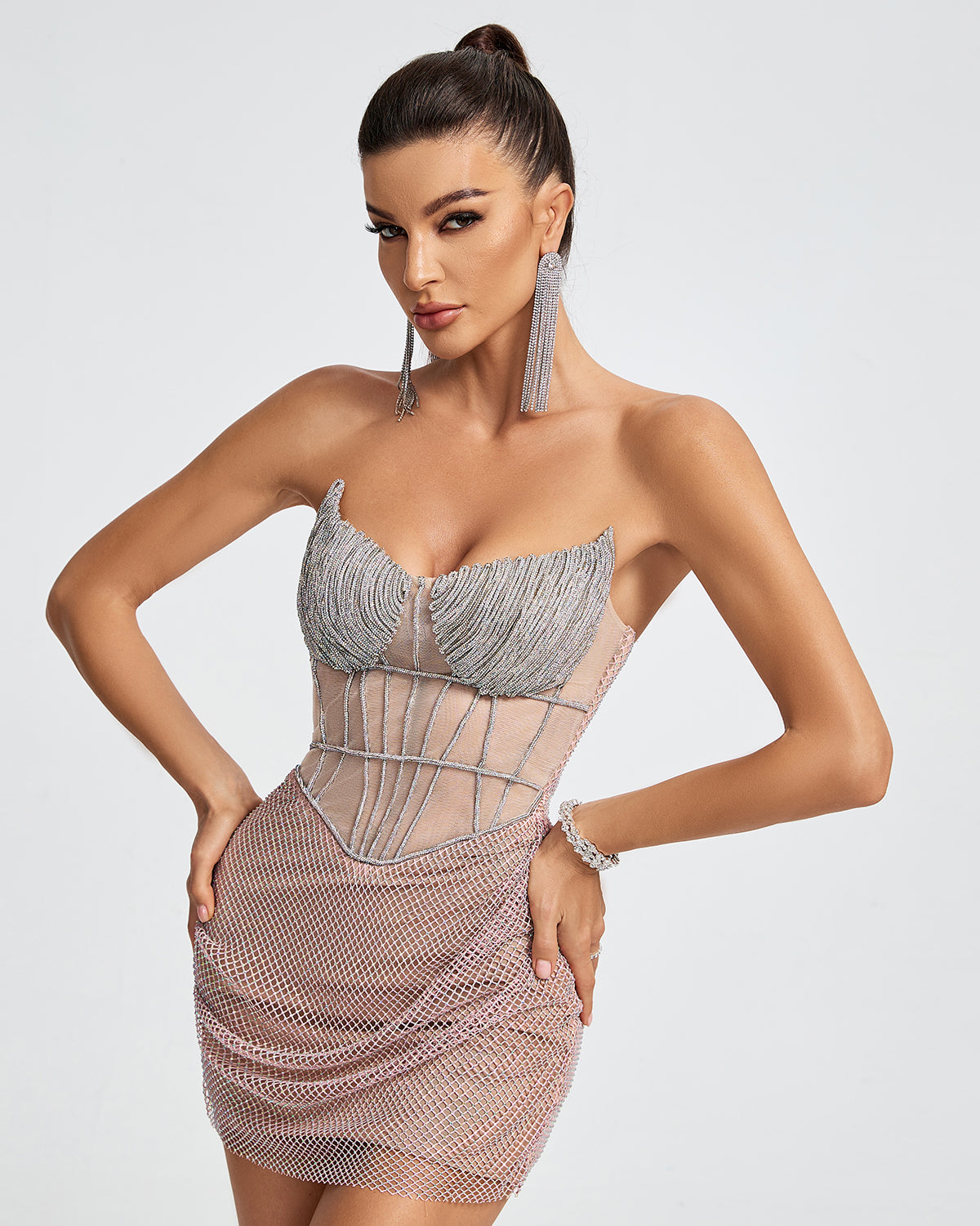 Strapless Mesh Crystals Corset Mini Dress