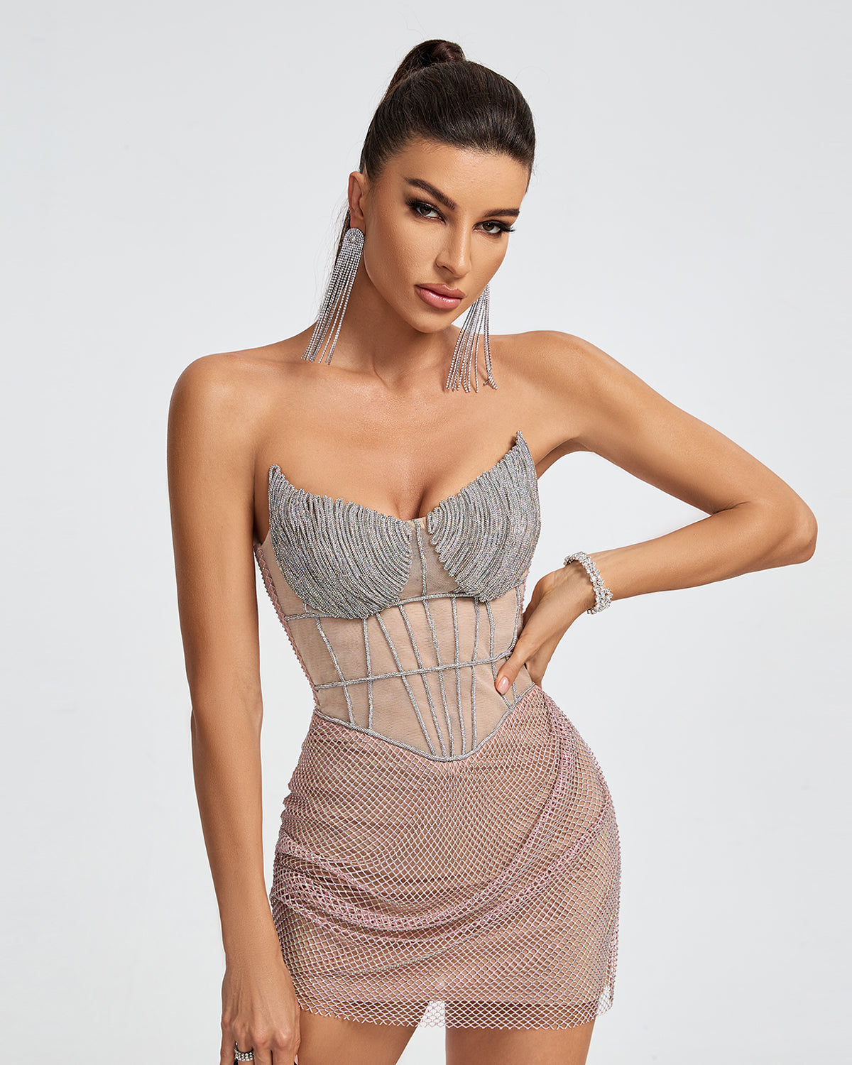 Strapless Mesh Crystals Corset Mini Dress