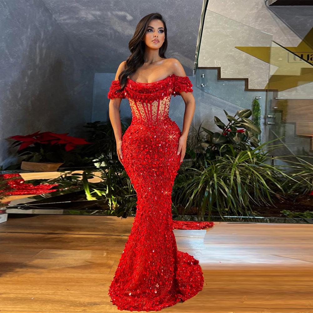 Off Shoulder Sequins Evening Gown in Red