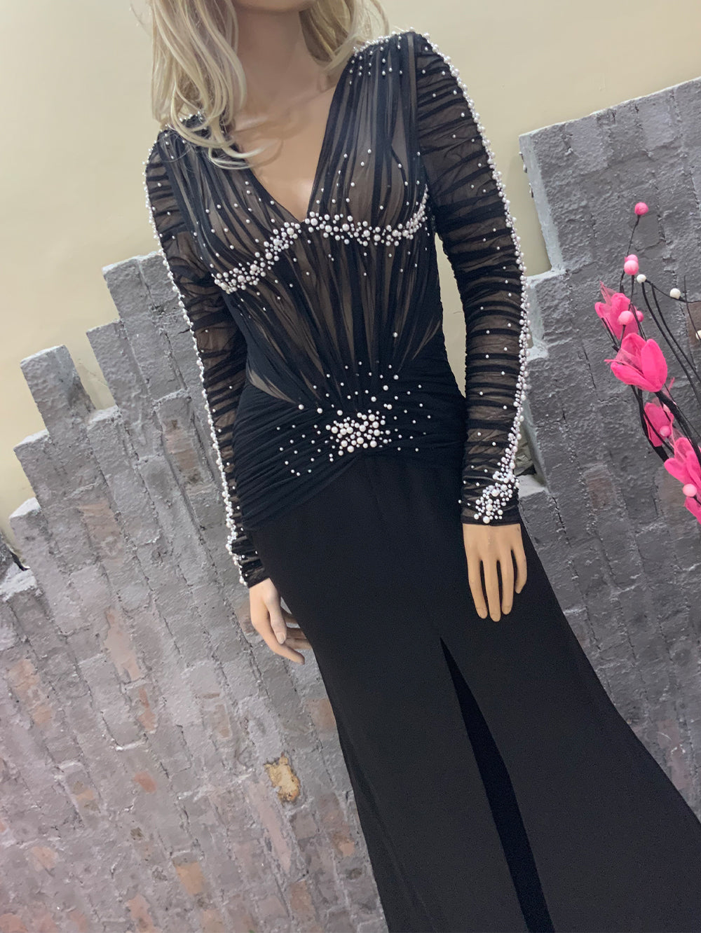 Sheer Long Sleeve Pearl Mermaid Prome Dress