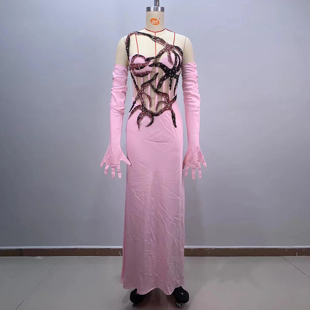 Pink Flower Mesh Long Corset Dress