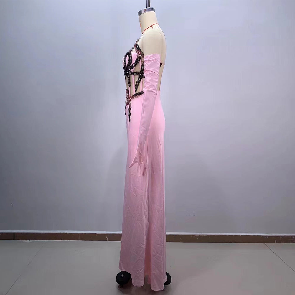 Pink Flower Mesh Long Corset Dress