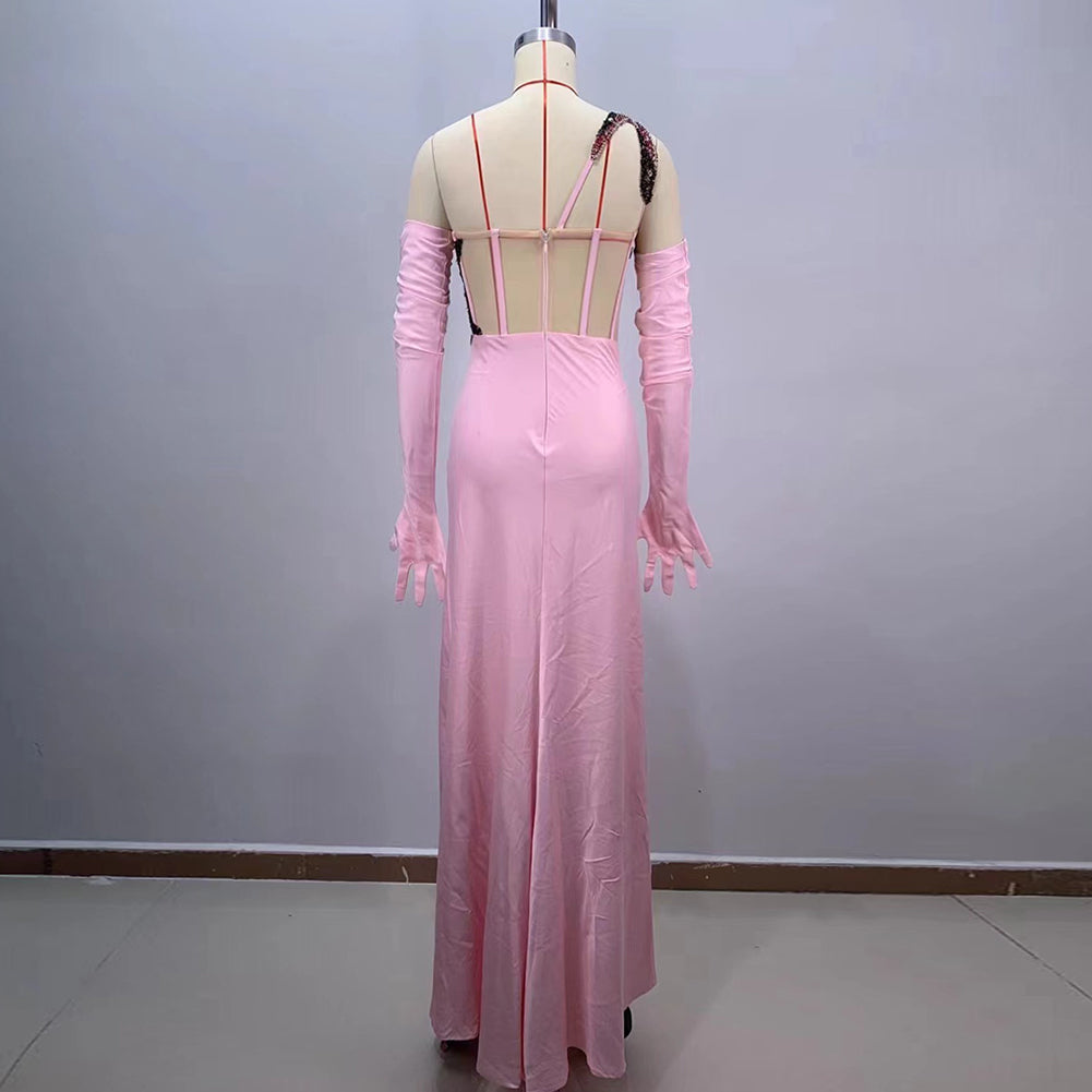 Pink Flower Mesh Long Corset Dress