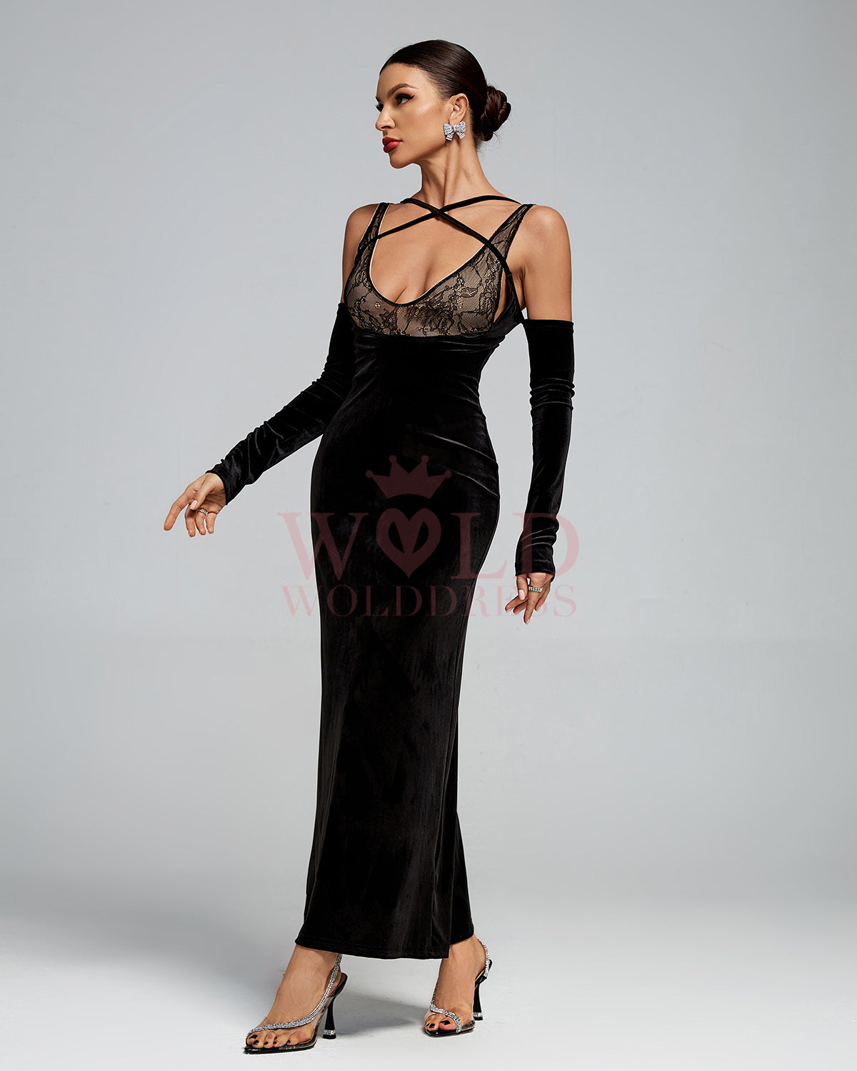 Strap Wrap Lace Corset Velvet Maxi Dress