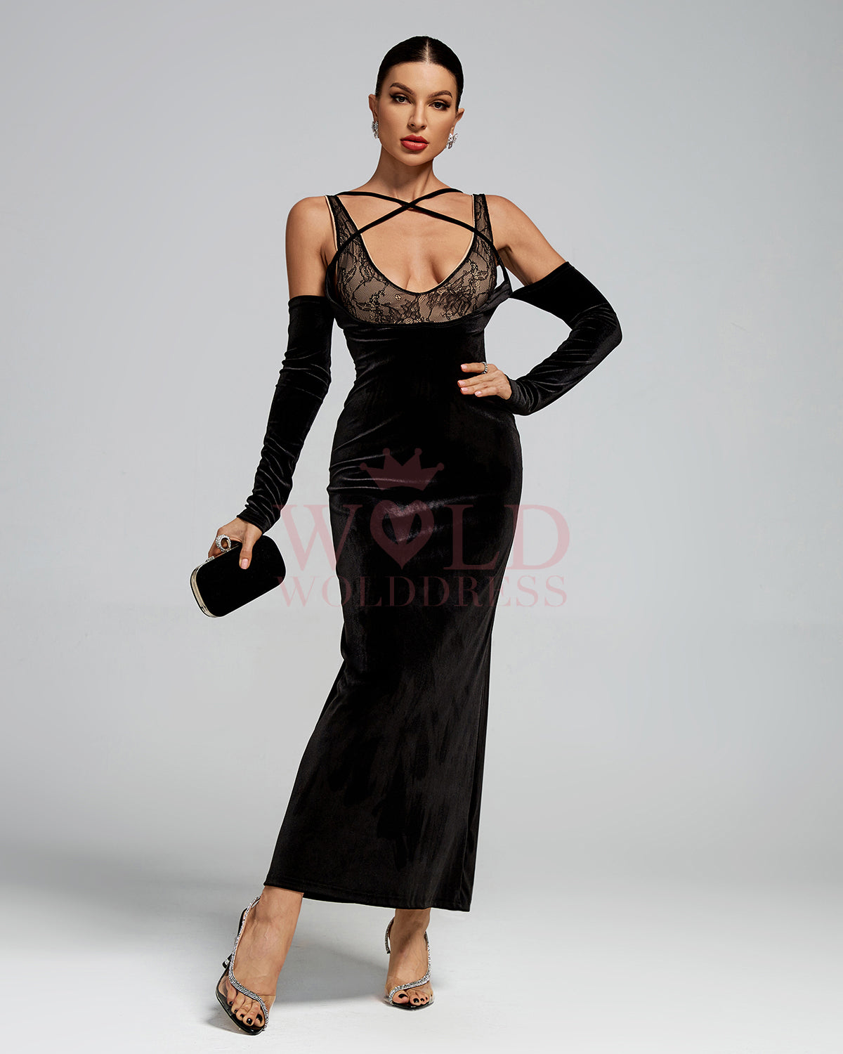 Strap Wrap Lace Corset Velvet Maxi Dress