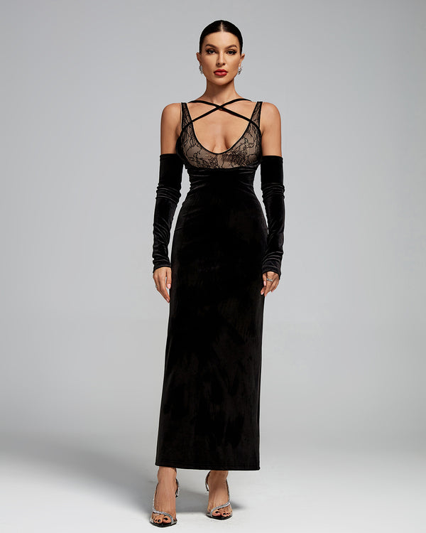 Strap Wrap Lace Corset Velvet Maxi Dress