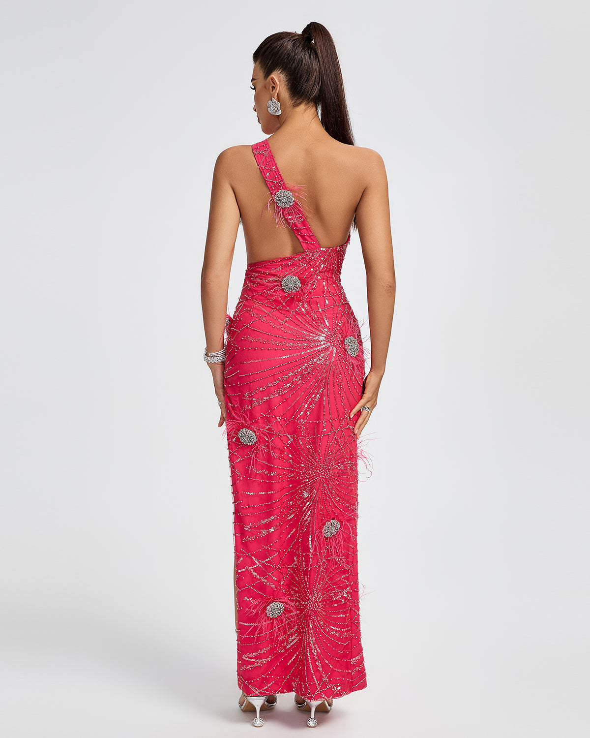 Crystal Embellished Sequin High Split Gown