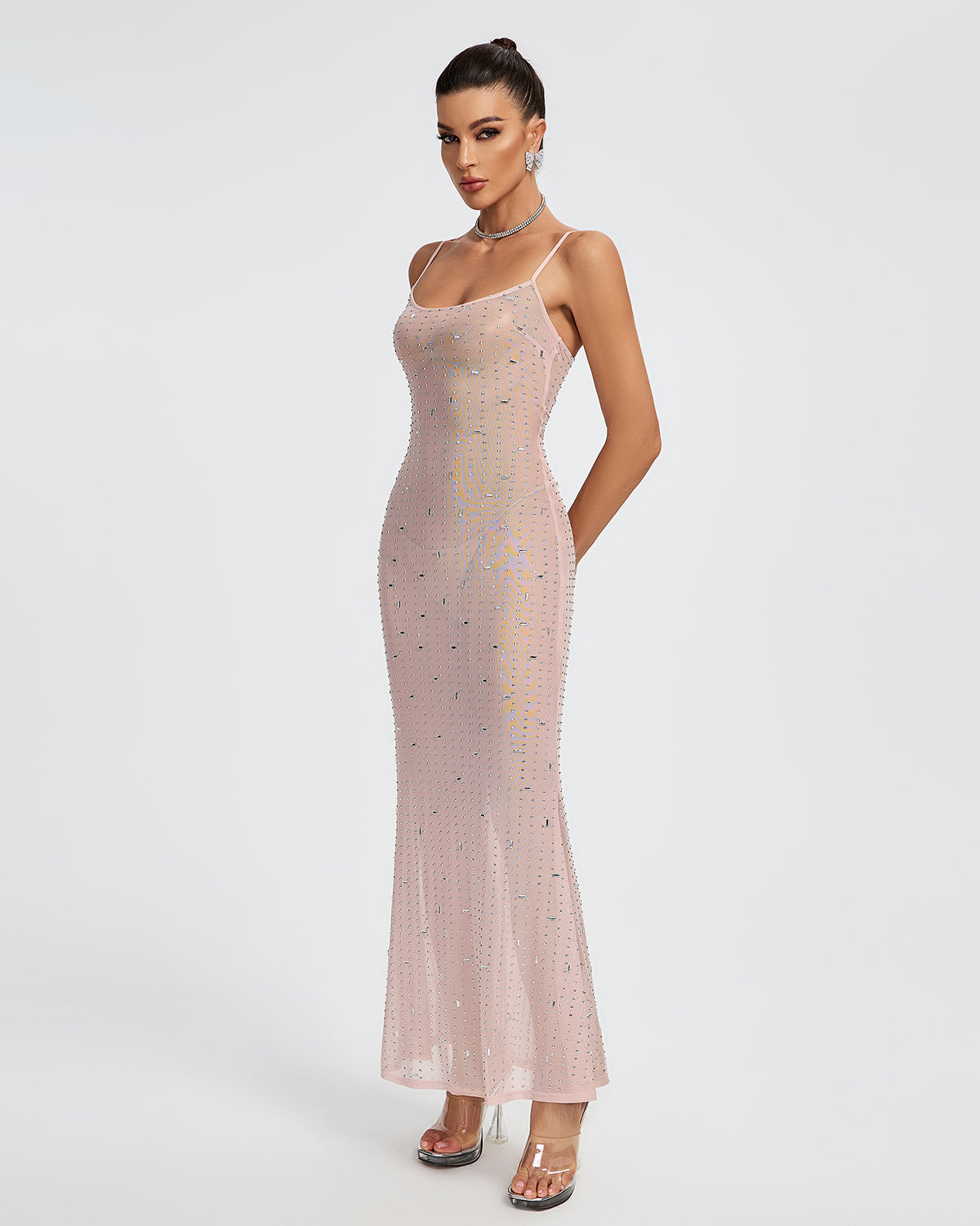 Crystal Embellished See-through Maxi Dress