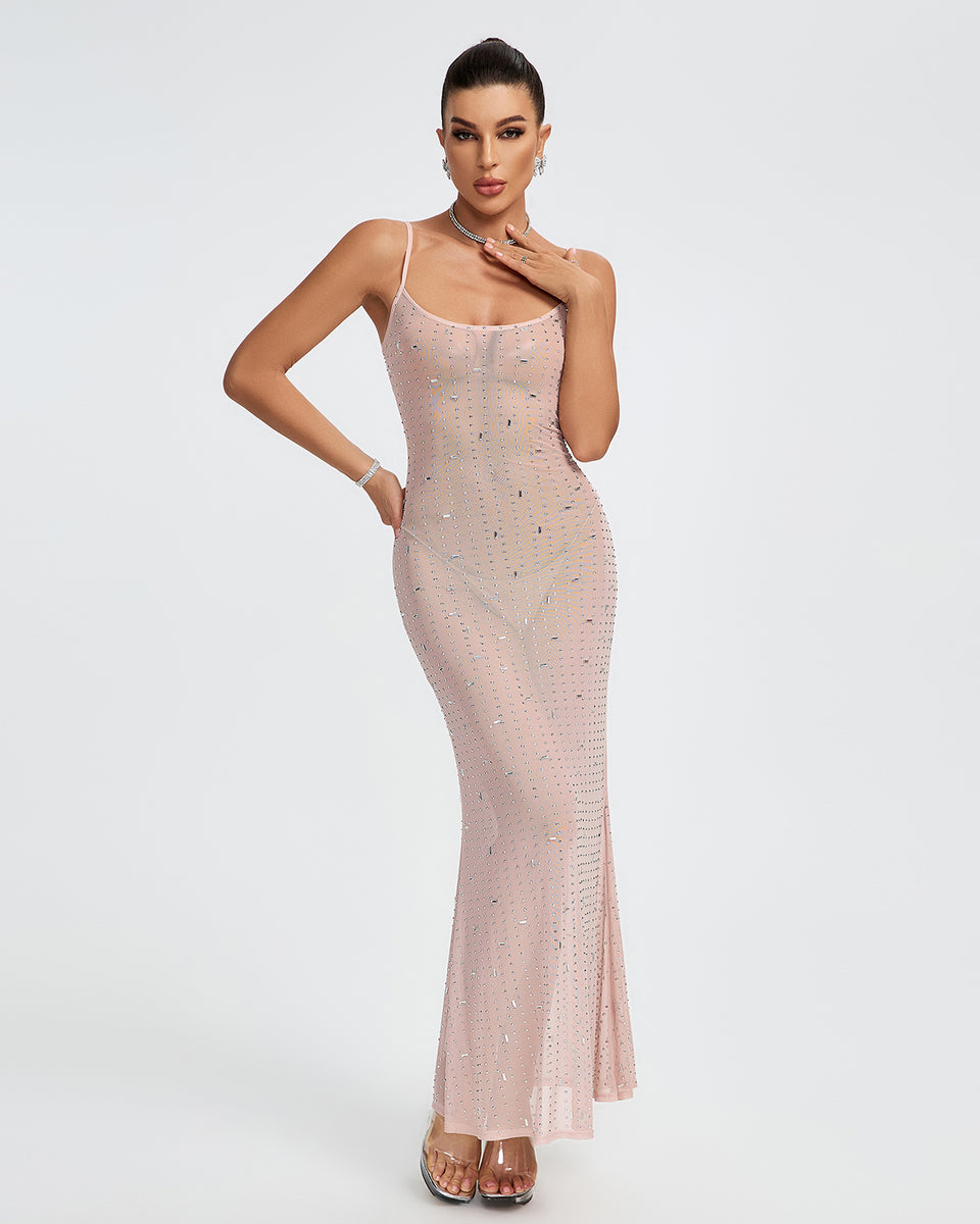 Crystal Embellished See-through Maxi Dress KLYF1025 | Wolddress