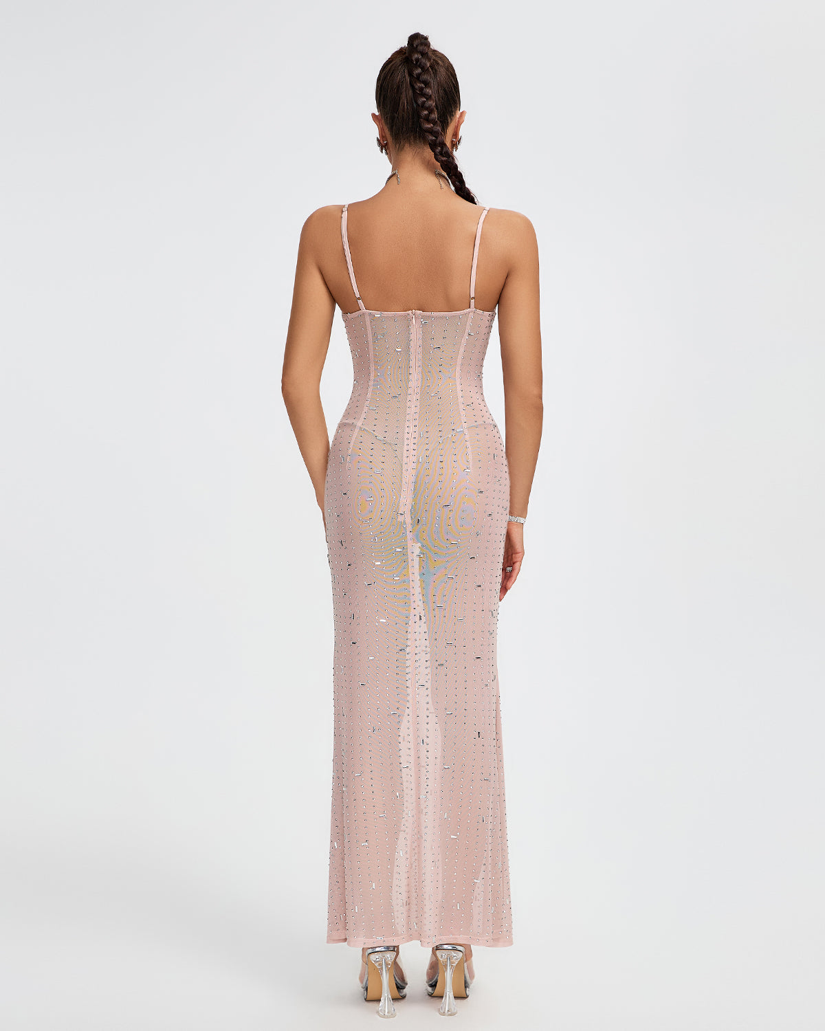 Crystal Embellished See-through Maxi Dress