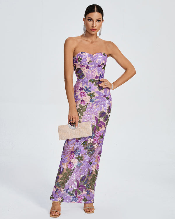 Dahlia Floral-Embellished Sequins Dress