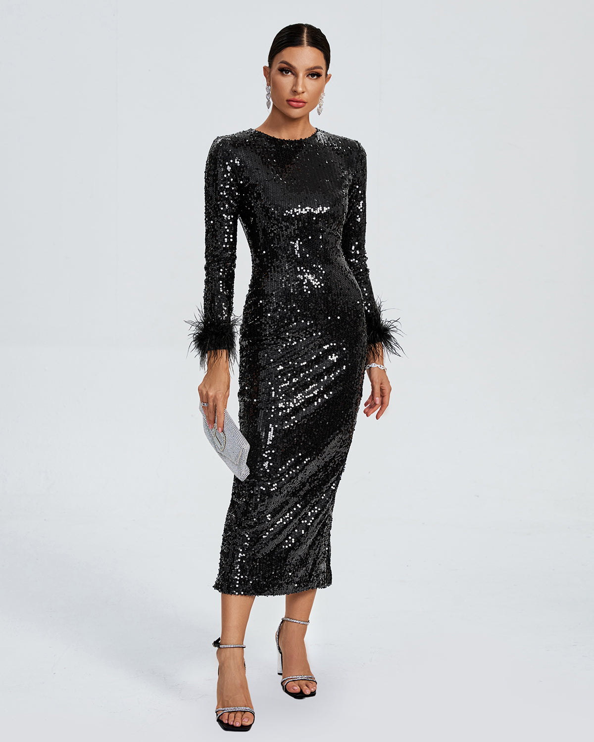 Feather Trim Midi Sequin Evening Dress