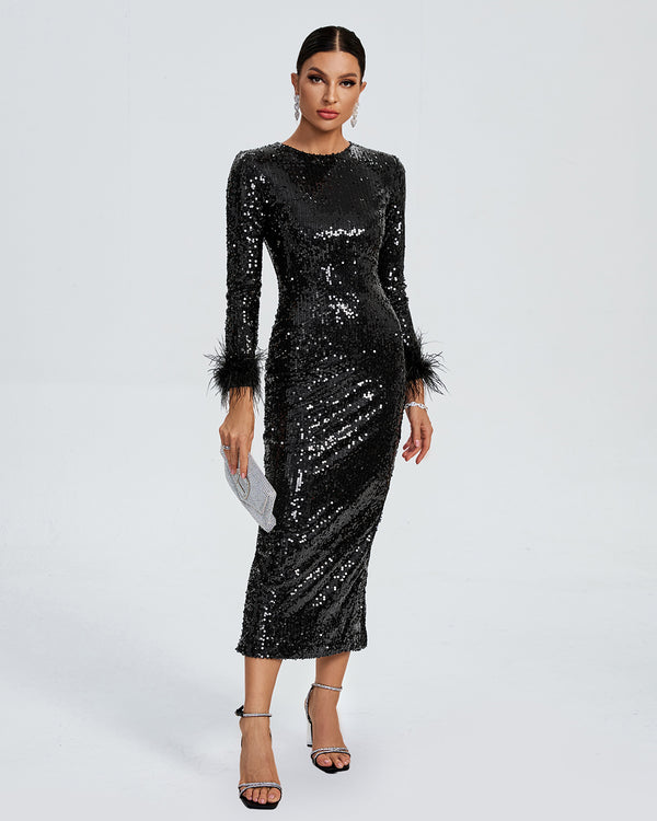 Feather Trim Midi Sequin Evening Dress