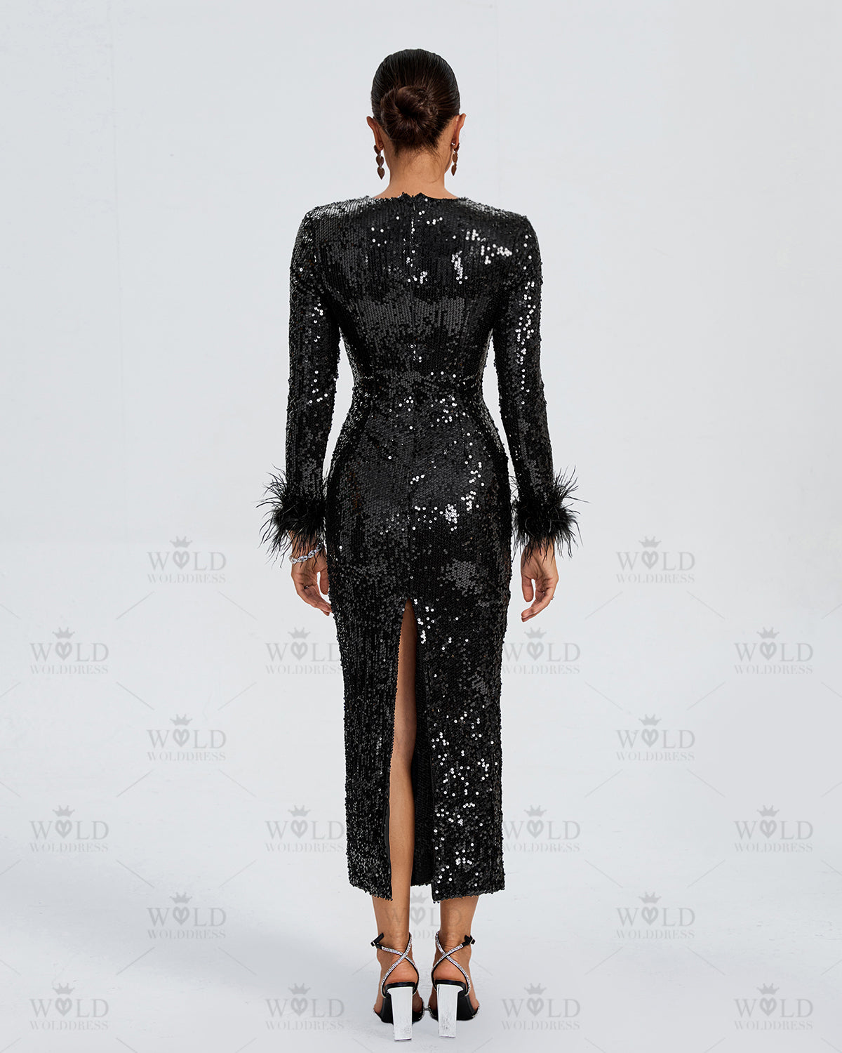 Long Sleeve Sequins Dress Back Slit