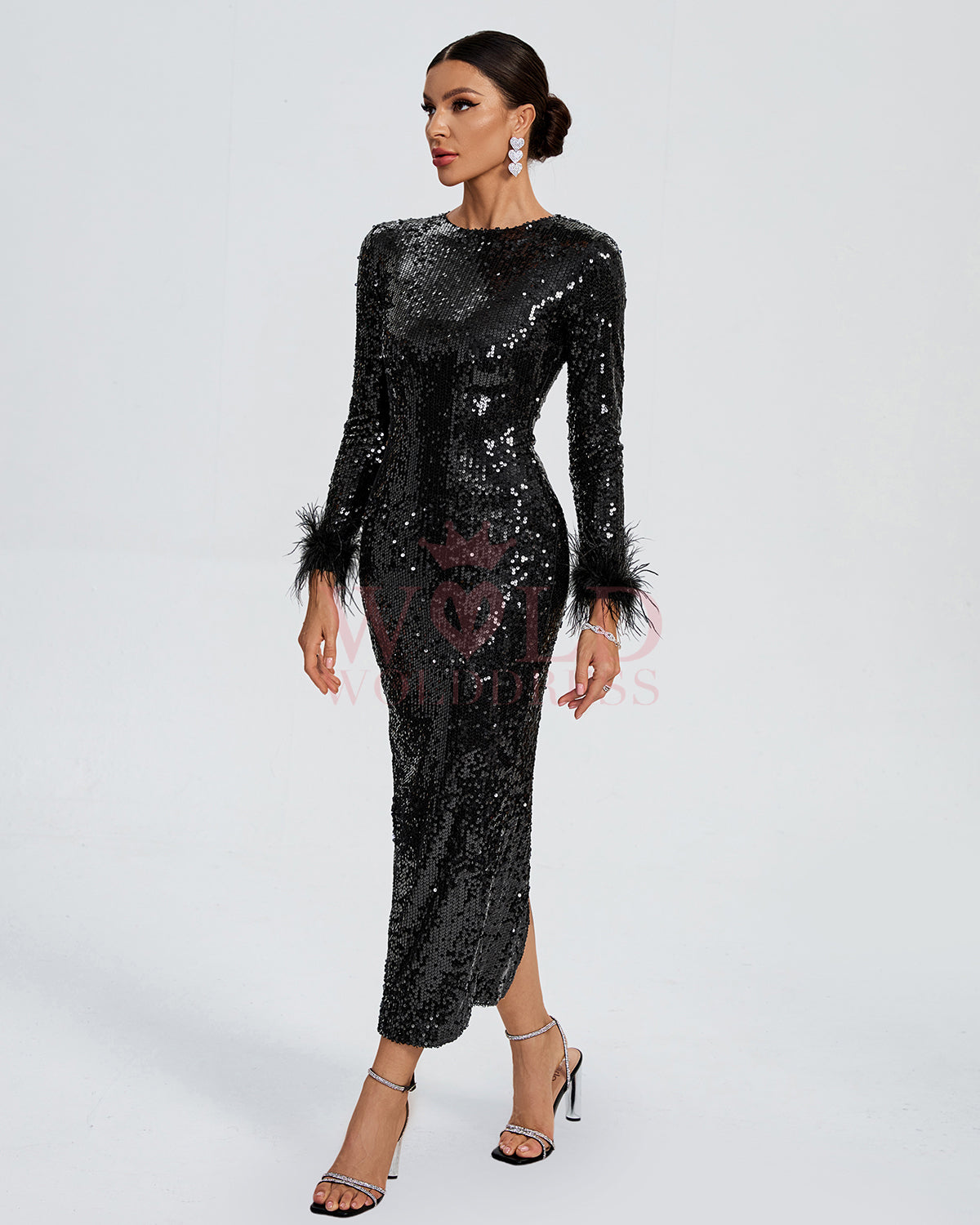 Feather Trim Midi Sequin Evening Dress