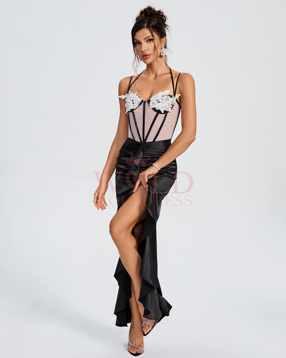 Ruffle Satin Corset Floral Wing Cup Dress